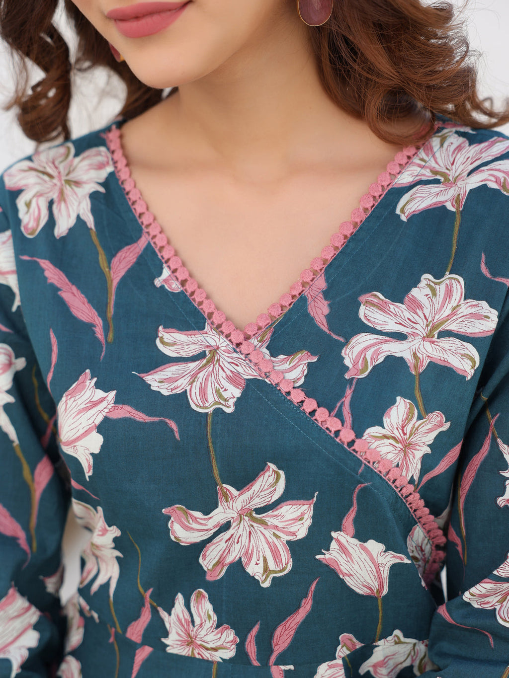 Janasya Dark Cotton Floral A-Line Kurta Set