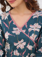 Janasya Dark Cotton Floral A-Line Kurta Set