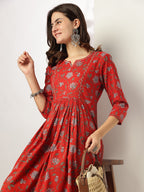 Janasya Dark Cotton Floral A-Line Kurta Set - Distacart