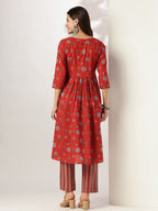 Janasya Dark Cotton Floral A-Line Kurta Set - Distacart