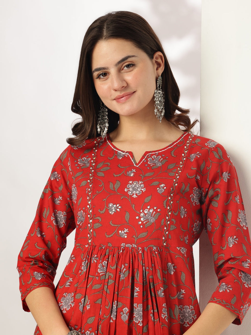 Janasya Dark Cotton Floral A-Line Kurta Set - Distacart
