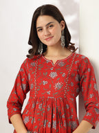 Janasya Dark Cotton Floral A-Line Kurta Set - Distacart