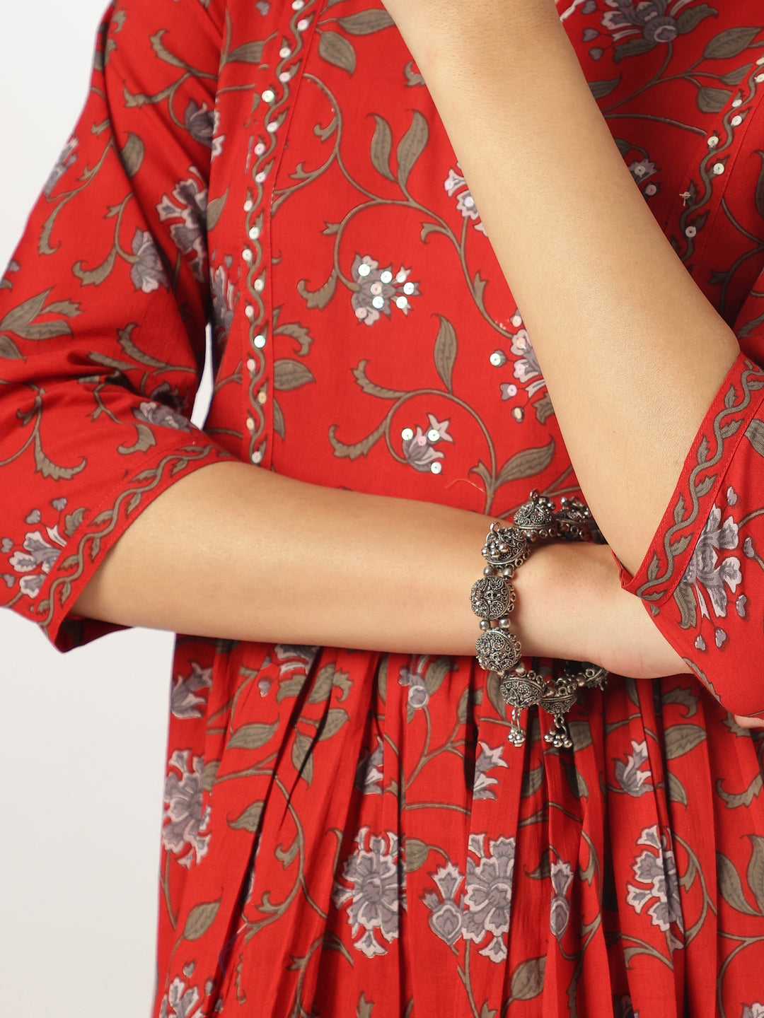 Janasya Dark Cotton Floral A-Line Kurta Set - Distacart