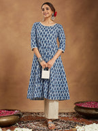 Janasya Dark Cotton Paisley Anarkali Kurta Set