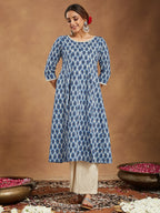 Janasya Dark Cotton Paisley Anarkali Kurta Set