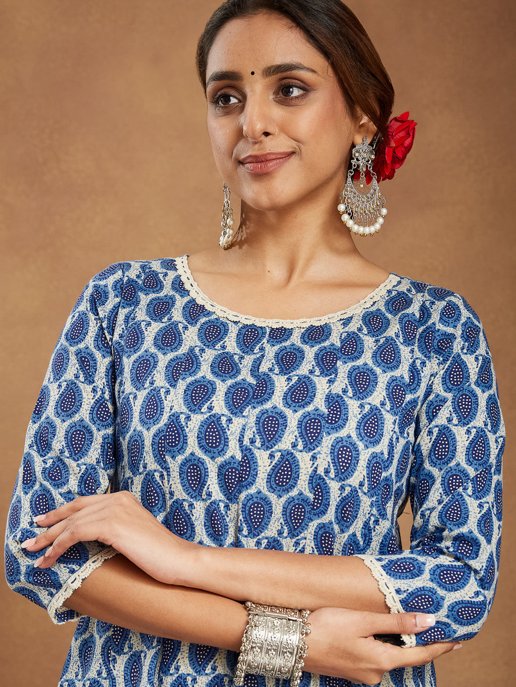 Janasya Dark Cotton Paisley Anarkali Kurta Set