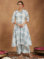 Janasya Light Cotton Floral A-Line Kurta Set