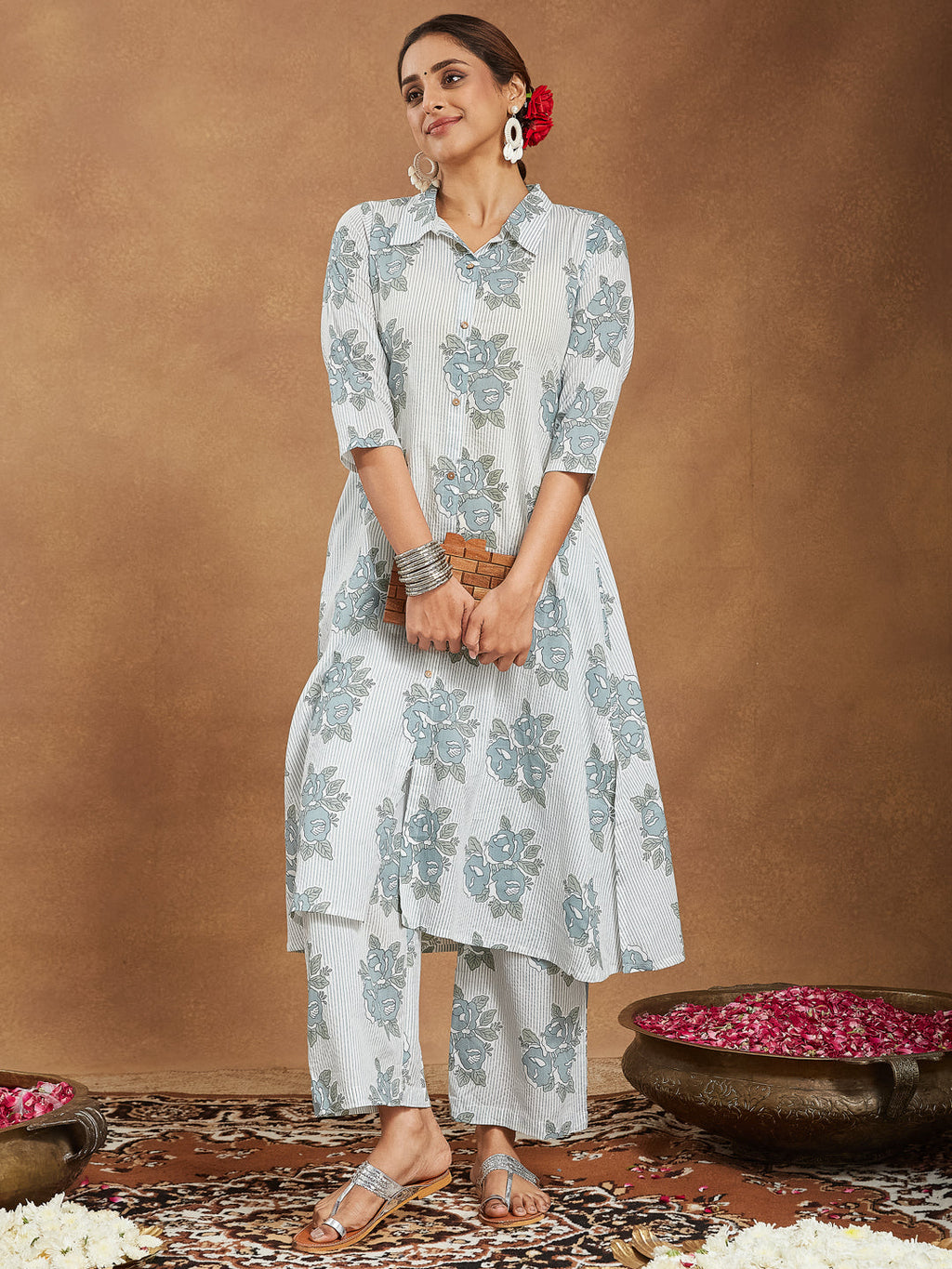 Janasya Light Cotton Floral A-Line Kurta Set