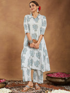Janasya Light Cotton Floral A-Line Kurta Set