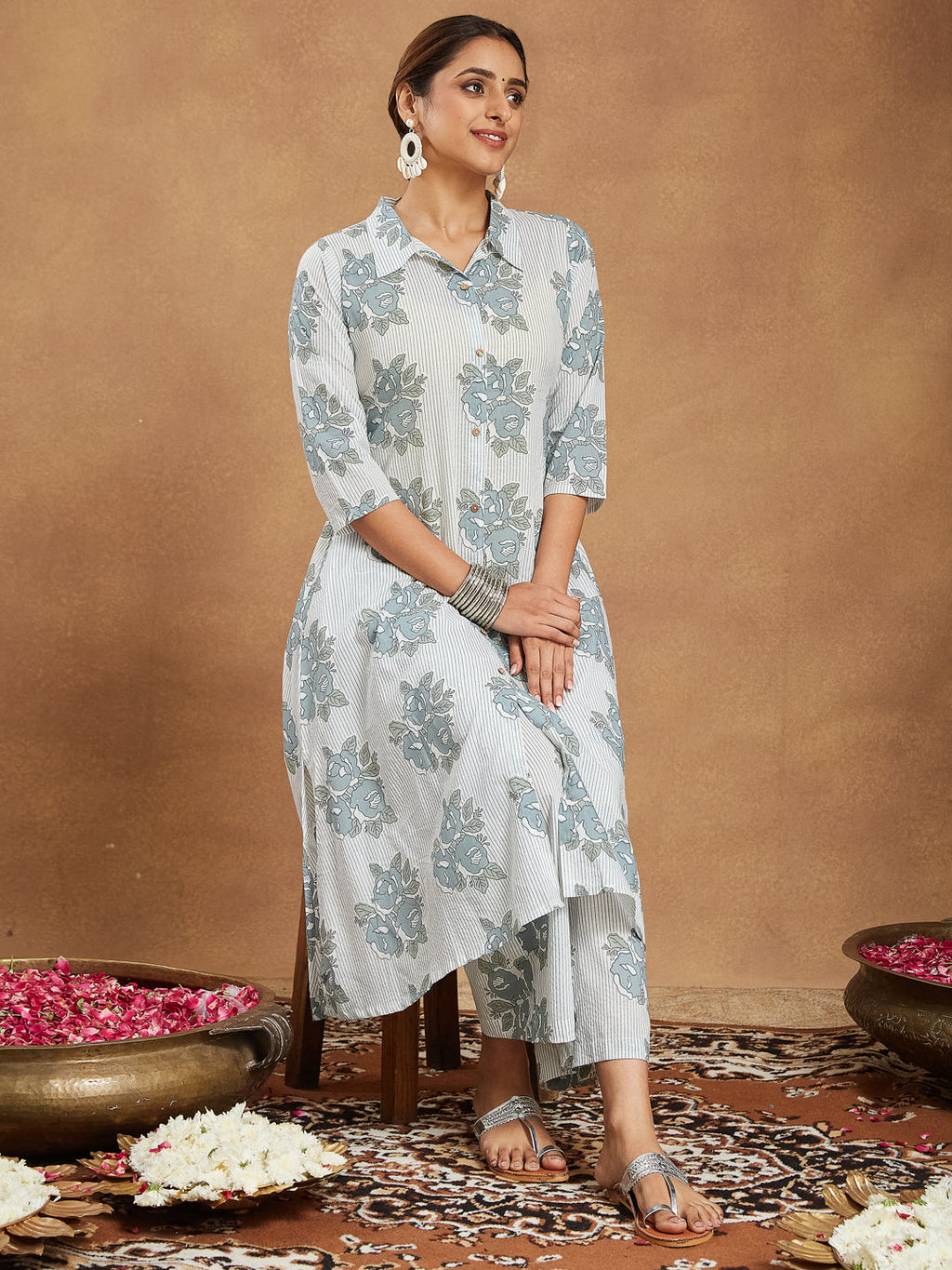 Janasya Light Cotton Floral A-Line Kurta Set