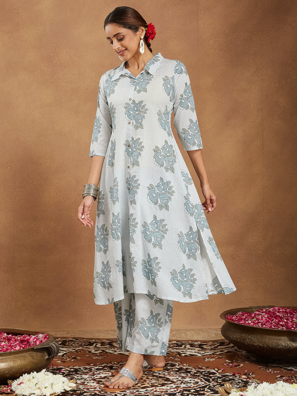 Janasya Light Cotton Floral A-Line Kurta Set