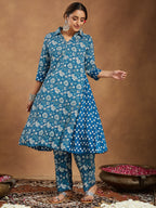Janasya Dark Cotton Floral A-Line Kurta Set