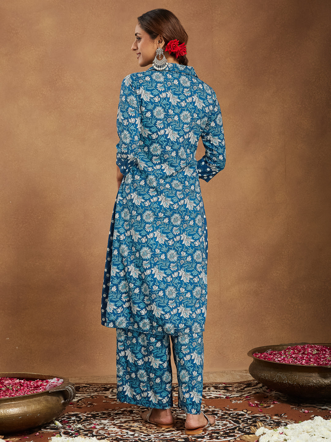 Janasya Dark Cotton Floral A-Line Kurta Set