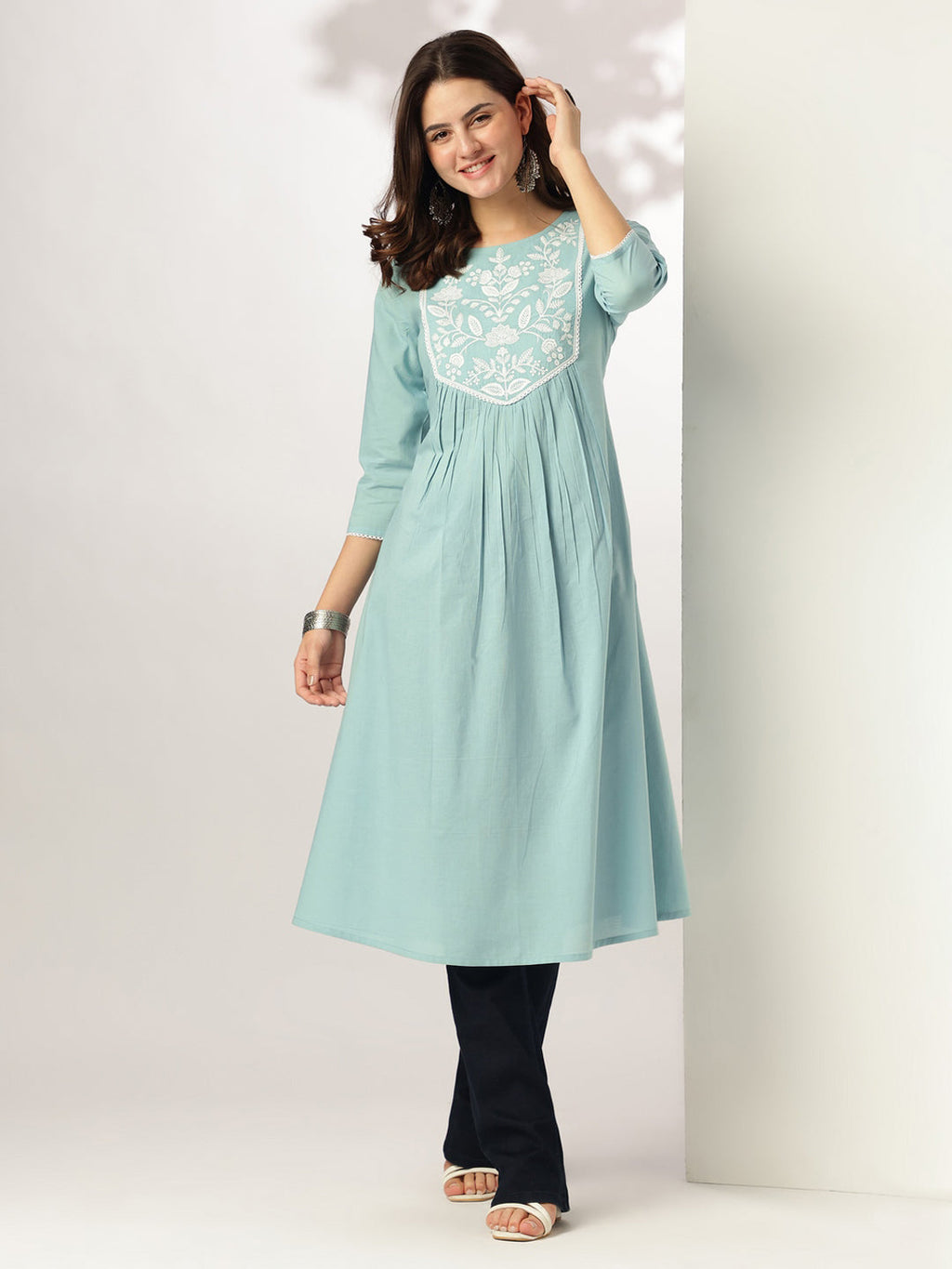 Janasya Light Cotton Yoke Embroidery A-Line Kurta
