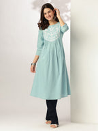Janasya Light Cotton Yoke Embroidery A-Line Kurta