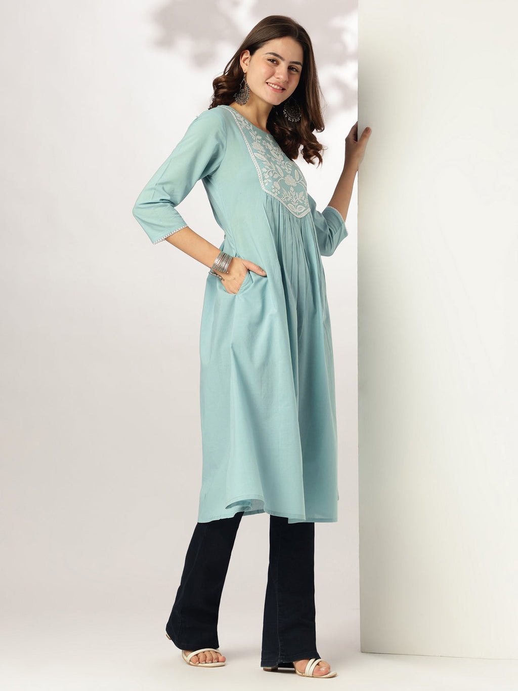 Janasya Light Cotton Yoke Embroidery A-Line Kurta