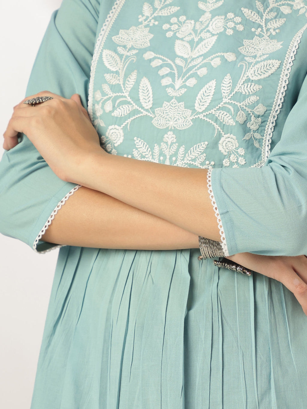 Janasya Light Cotton Yoke Embroidery A-Line Kurta