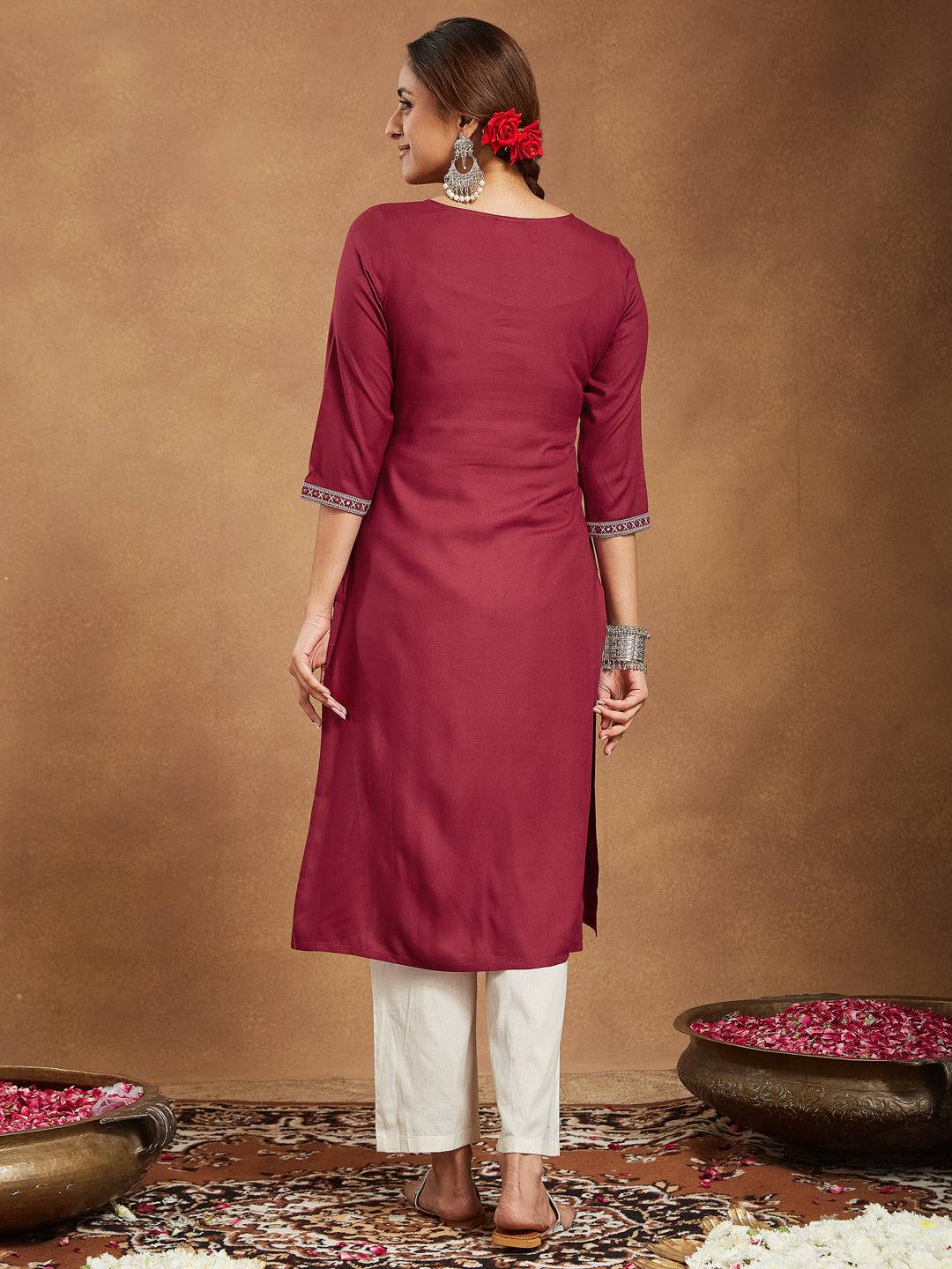 Janasya Dark Rayon Embroidered Straight Kurta
