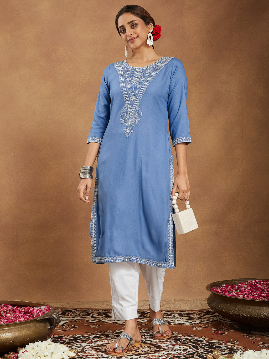 Janasya Light Rayon Blend Embroidered Straight Kurta