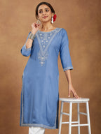 Janasya Light Rayon Blend Embroidered Straight Kurta
