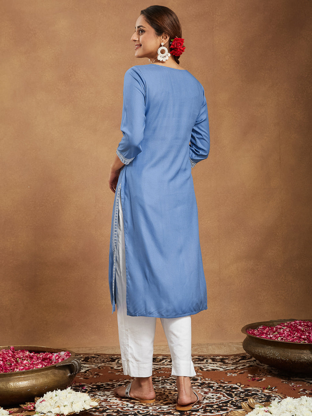 Janasya Light Rayon Blend Embroidered Straight Kurta