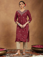 Janasya Dark Rayon Embroidered Straight Kurta