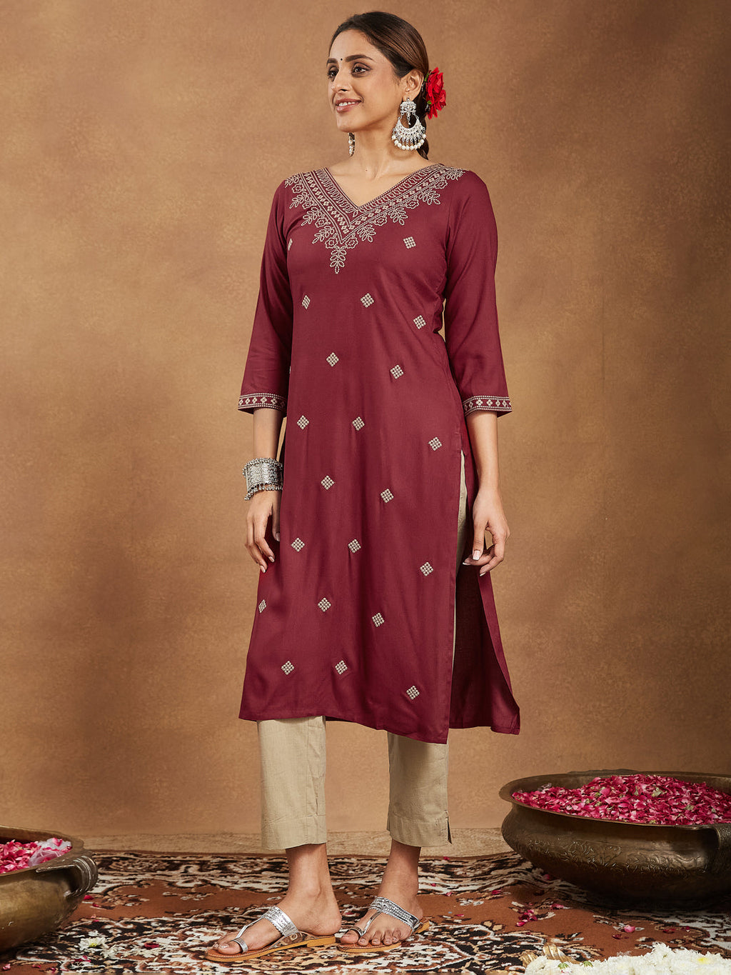 Janasya Dark Rayon Embroidered Straight Kurta