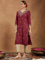 Janasya Dark Rayon Embroidered Straight Kurta