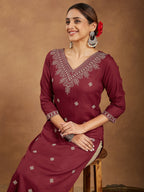 Janasya Dark Rayon Embroidered Straight Kurta
