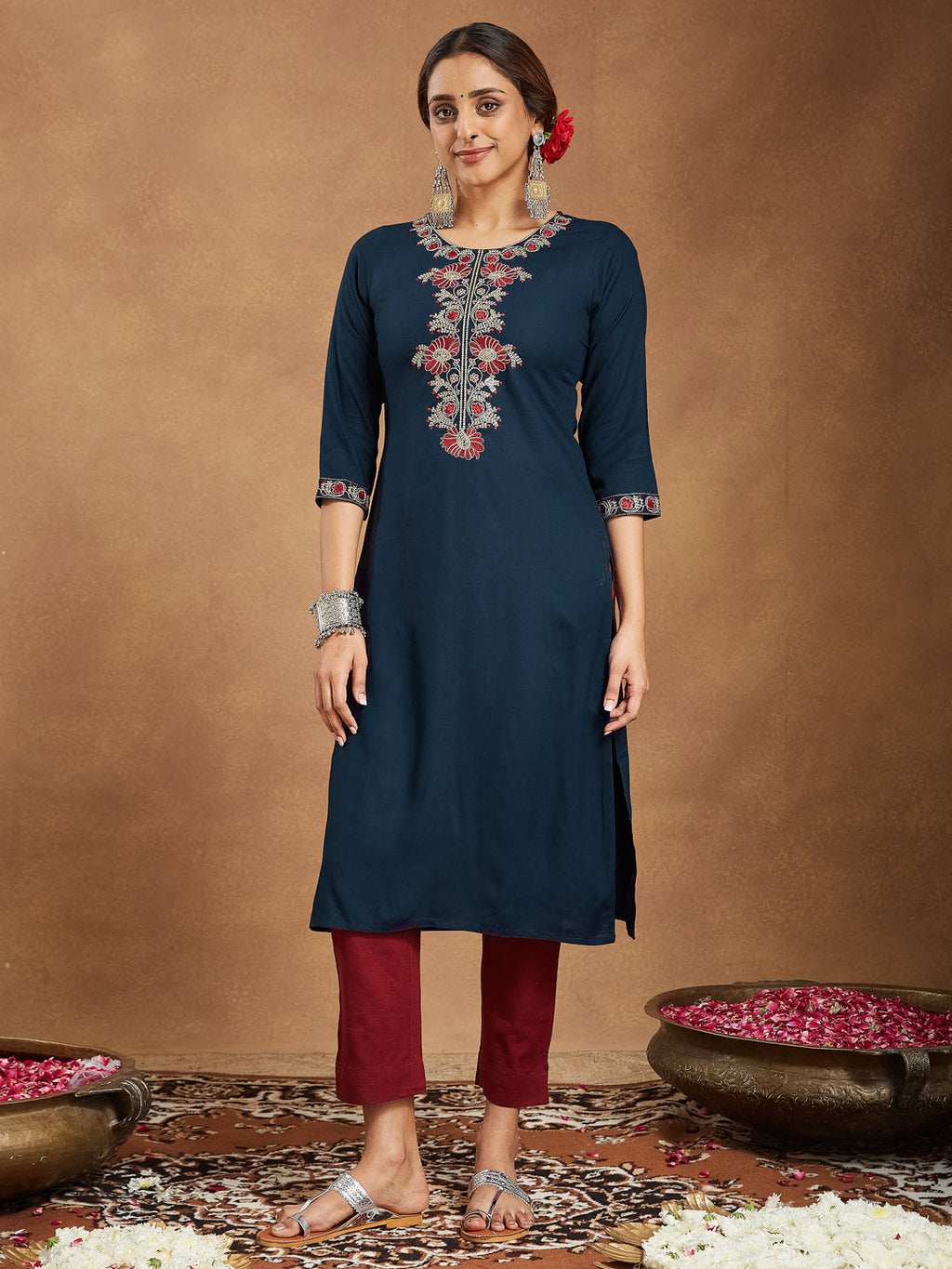 Janasya Dark Rayon Embroidered Straight Kurta