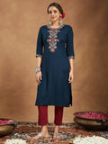 Janasya Dark Rayon Embroidered Straight Kurta