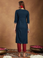 Janasya Dark Rayon Embroidered Straight Kurta
