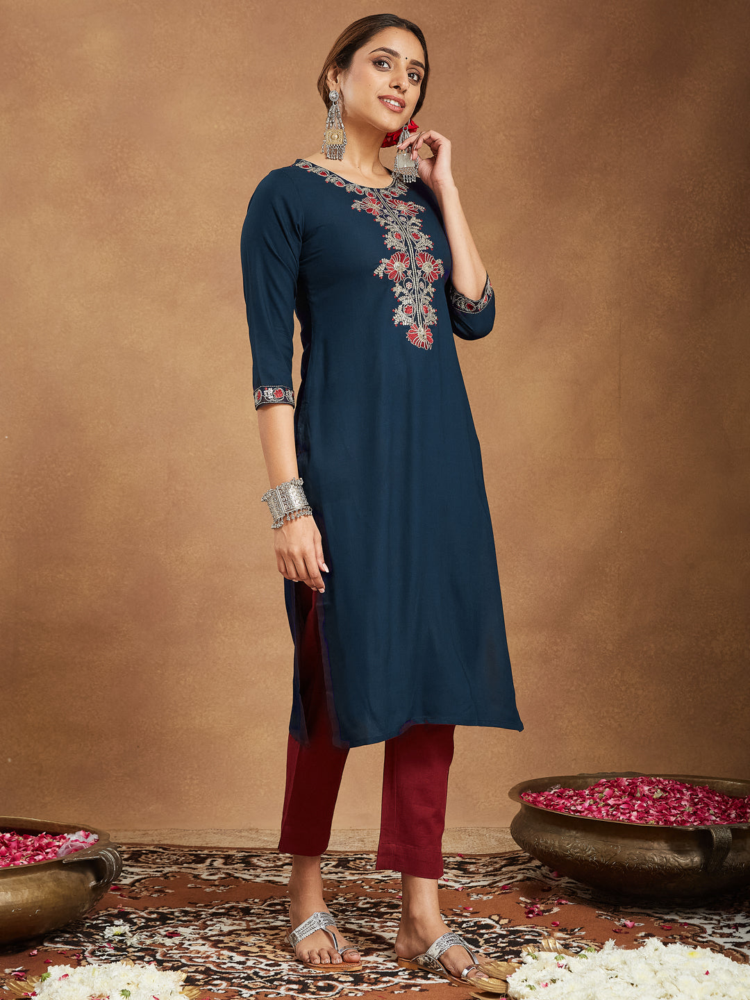 Janasya Dark Rayon Embroidered Straight Kurta