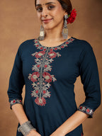 Janasya Dark Rayon Embroidered Straight Kurta