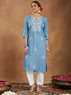 Janasya Light Rayon Embroidered Straight Kurta