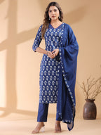 Janasya Dark Cotton Ethnic Motifs Straight Kurta Set