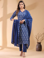Janasya Dark Cotton Ethnic Motifs Straight Kurta Set