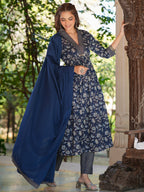 Janasya Dark Cotton Floral A-Line Kurta Set