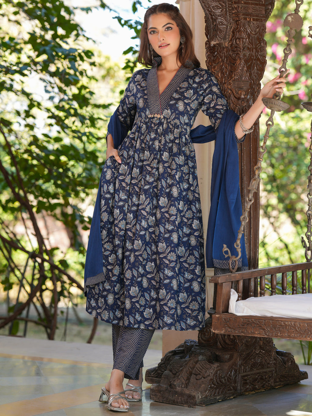 Janasya Dark Cotton Floral A-Line Kurta Set