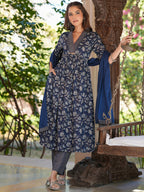 Janasya Dark Cotton Floral A-Line Kurta Set