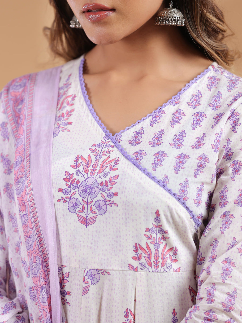 Janasya Light Cotton Floral Angrakha Kurta Set