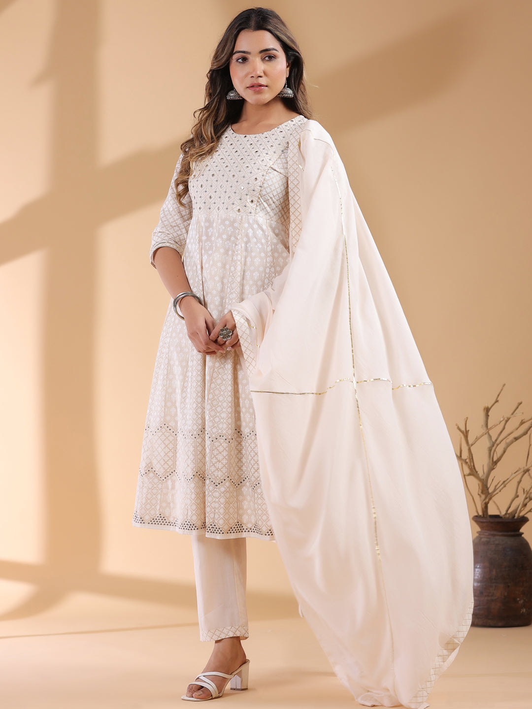 Janasya Light Cotton Ethnic Motifs Anarkali Kurta Set