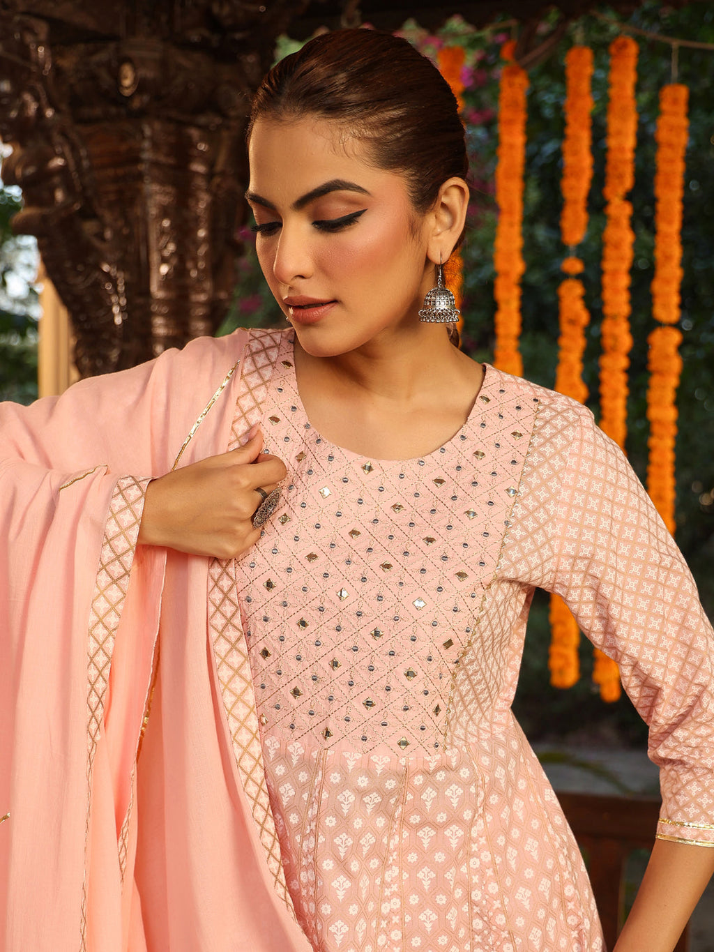 Janasya Light Cotton Ethnic Motifs Anarkali Kurta Set