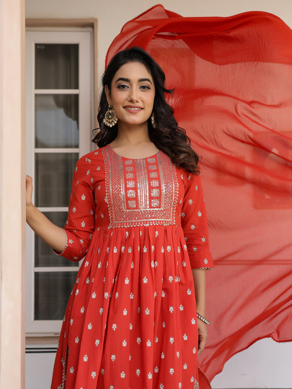 Janasya Bright Cotton Foil Print A-Line Kurta Set - Distacart