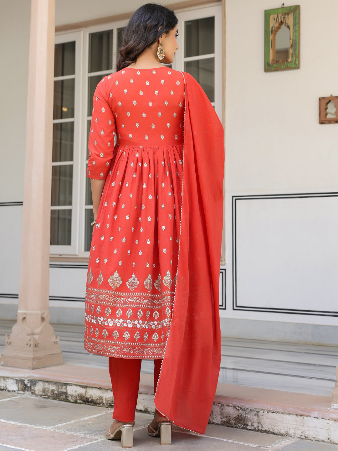 Janasya Bright Cotton Foil Print A-Line Kurta Set - Distacart