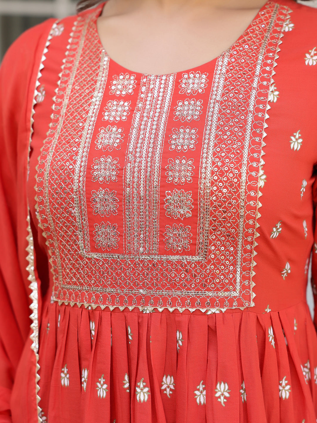 Janasya Bright Cotton Foil Print A-Line Kurta Set - Distacart