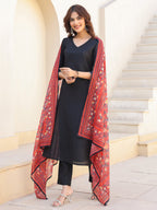 Janasya Dark Silk Blend Solid Straight Kurta Set