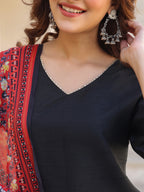 Janasya Dark Silk Blend Solid Straight Kurta Set