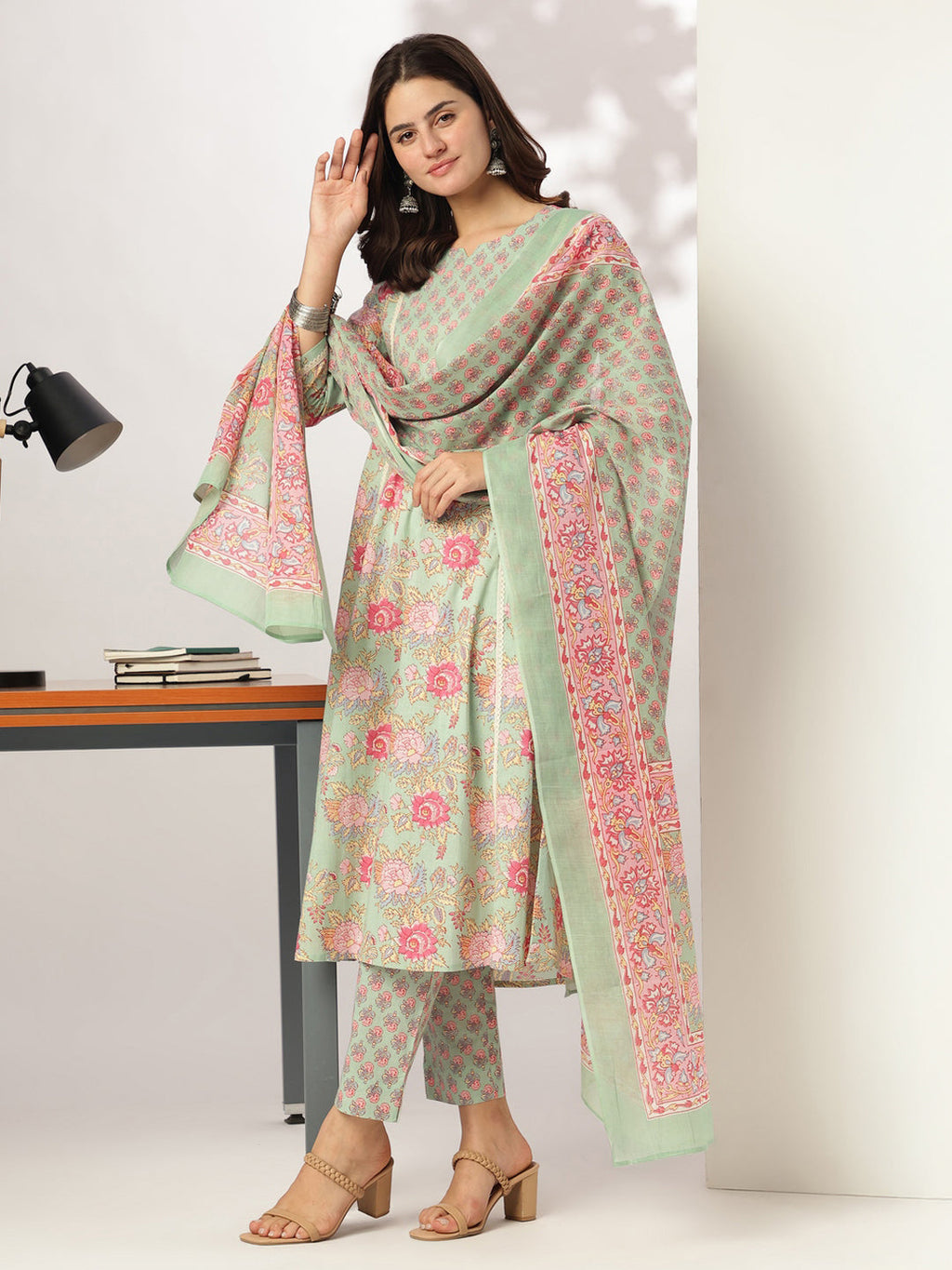 Janasya Light Cotton Floral A-Line Kurta Set - Distacart