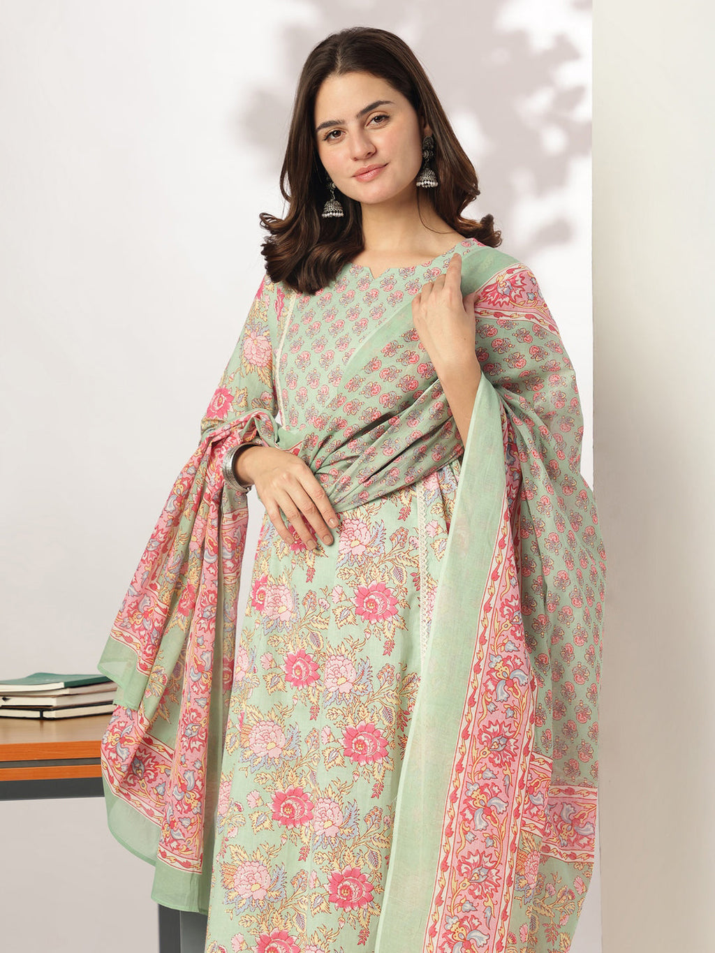 Janasya Light Cotton Floral A-Line Kurta Set - Distacart